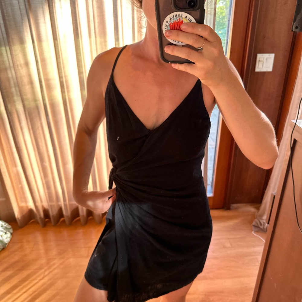 Black linen wrap dress